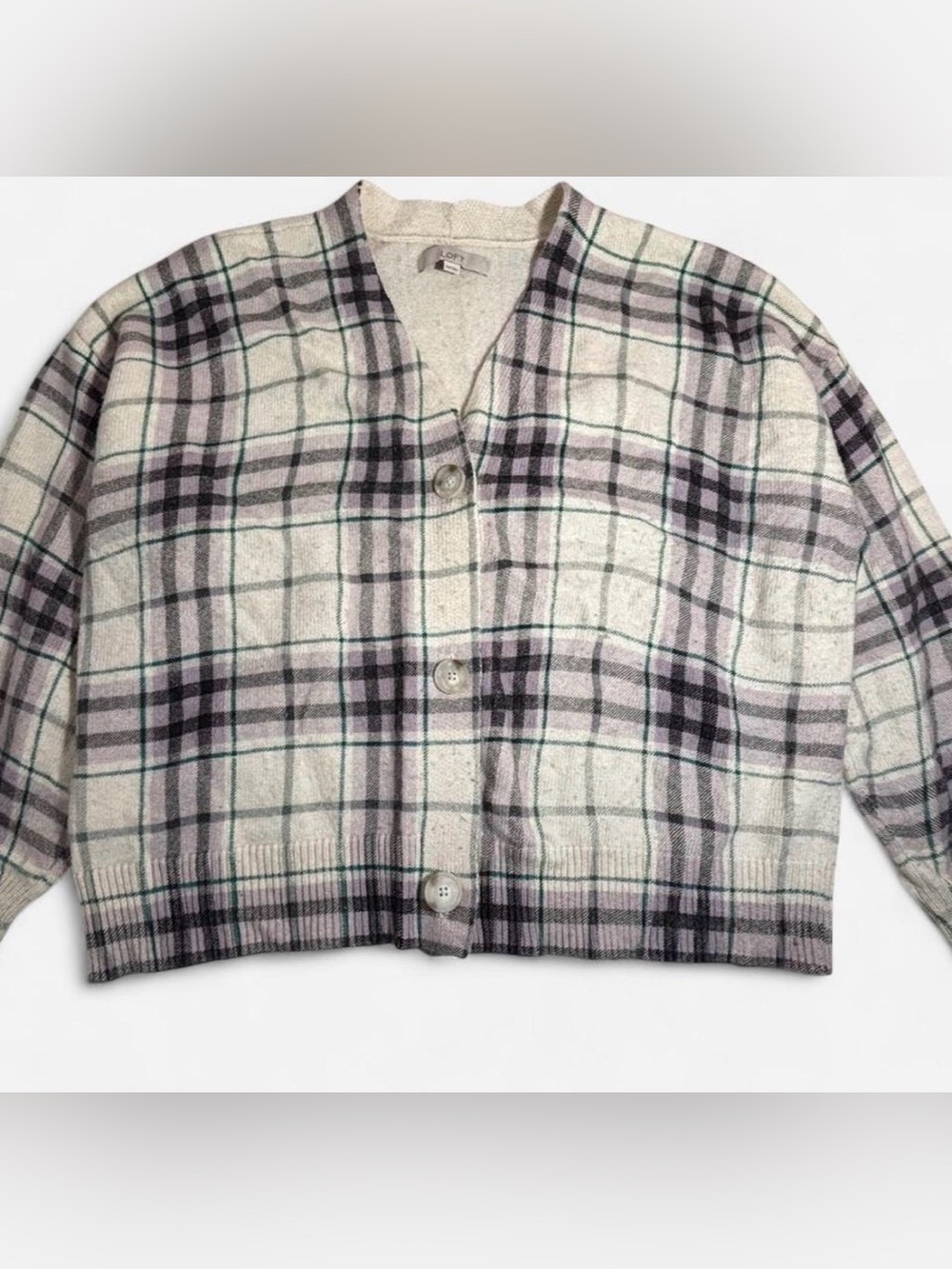LOFT Plaid V-Neck Cardigan Sweater - Cream/Green/Purple - Size XXL